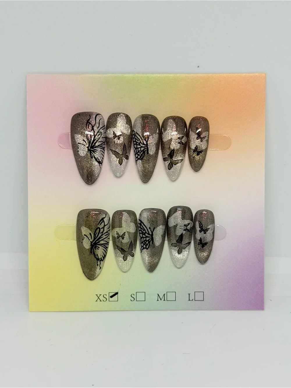 Butterfly Accent Press-On Nail Set - Metallic Gray